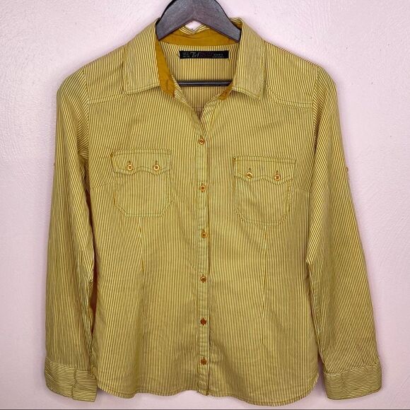 Zara TRF Button Front Shirt Striped Elbow Patches Medium Yellow White Oxford - Picture 6 of 9